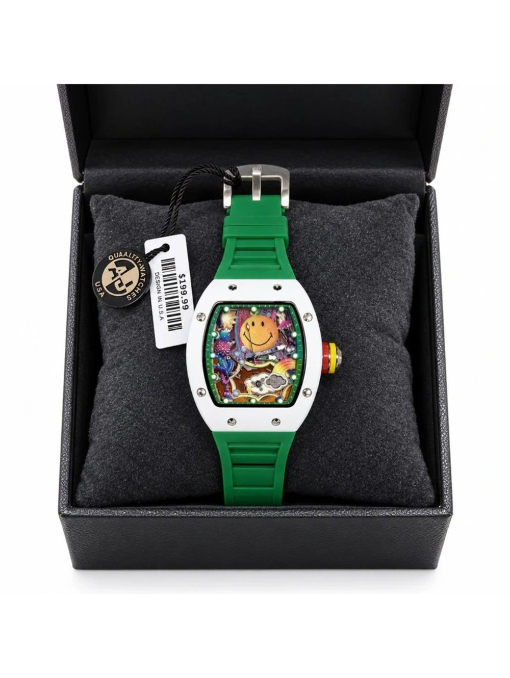 #838 Green Strap White Case Smiley Face Watch 43mm NWT Box